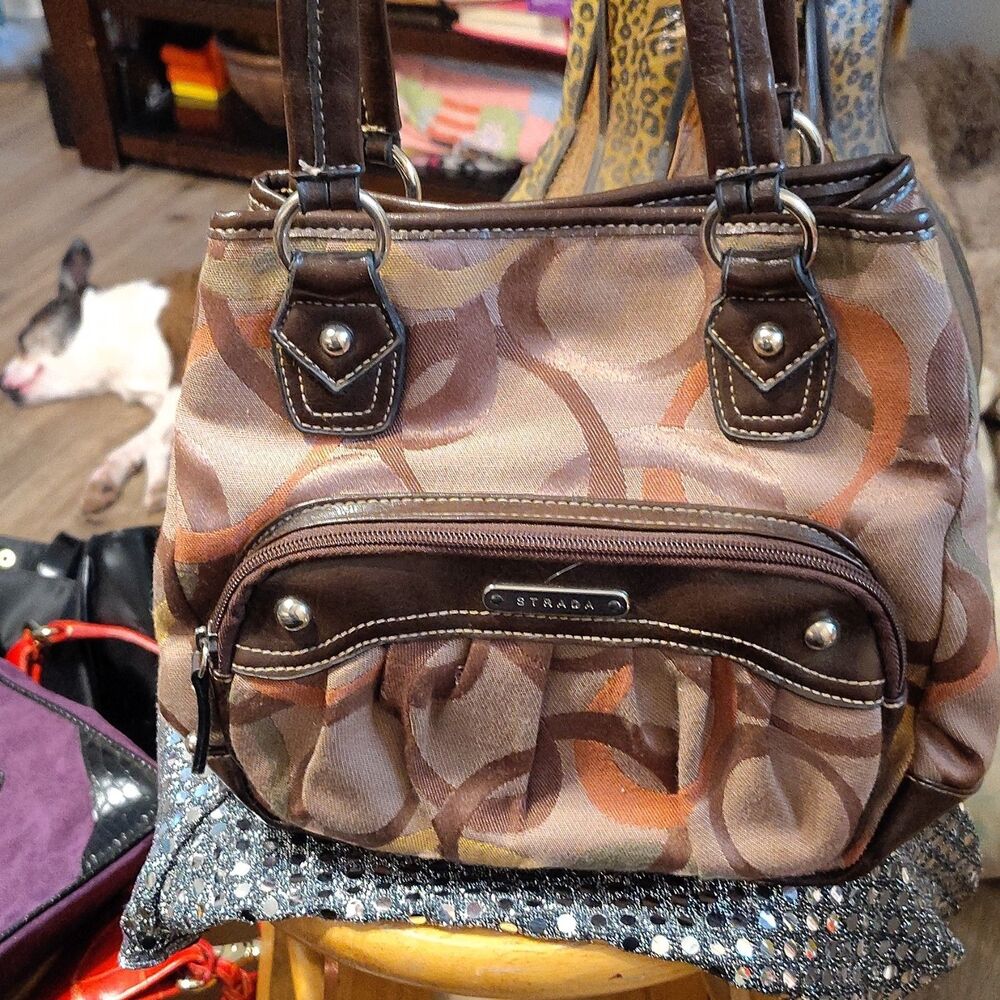 STRADA Brown Geometric Satchel Top Handle Bag Zip Closure Double Handles